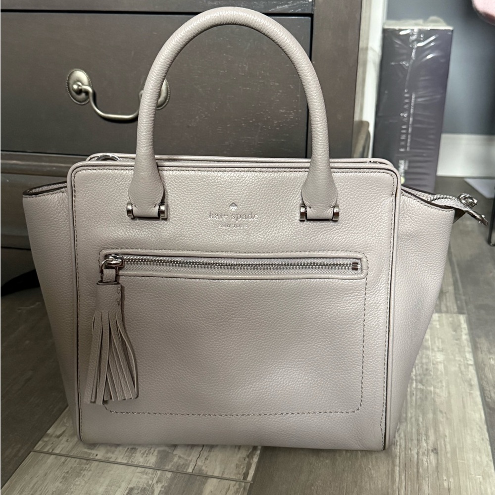 kate spade Light Gray Leather Tote with Tassel Zip Pocket